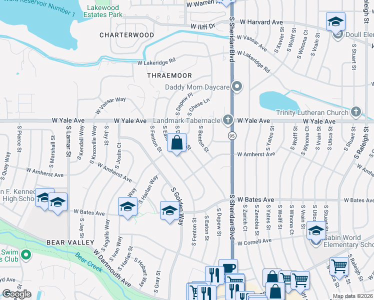 map of restaurants, bars, coffee shops, grocery stores, and more near 2753 South Depew Street in Denver