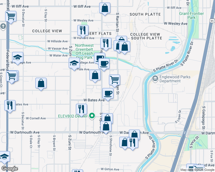 map of restaurants, bars, coffee shops, grocery stores, and more near 2778 South Tejon Street in Englewood