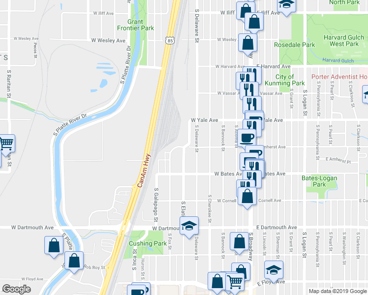 map of restaurants, bars, coffee shops, grocery stores, and more near 2801 South Elati Street in Englewood