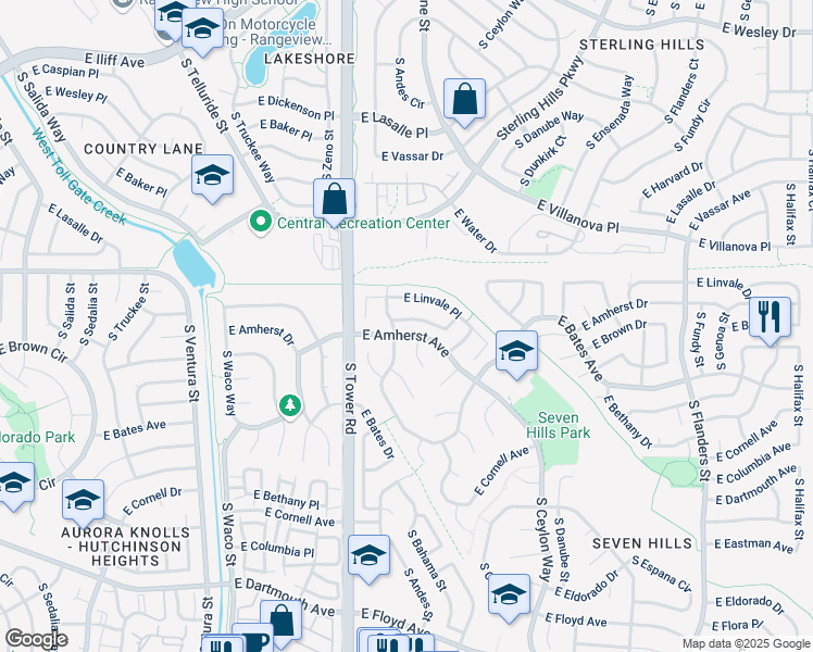 map of restaurants, bars, coffee shops, grocery stores, and more near 18718 East Linvale Circle in Aurora