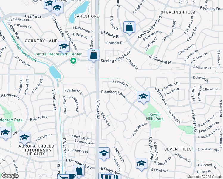 map of restaurants, bars, coffee shops, grocery stores, and more near 18718 East Linvale Circle in Aurora