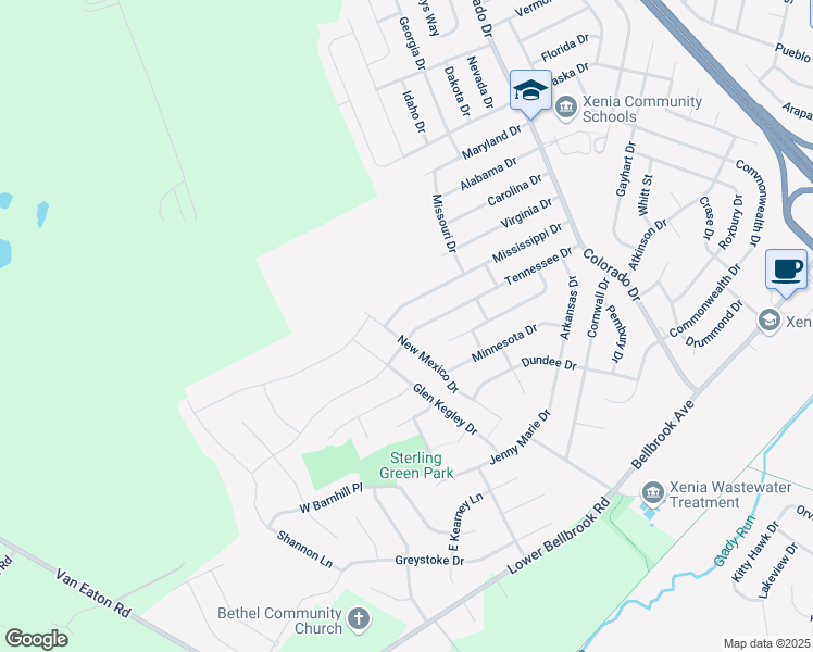 map of restaurants, bars, coffee shops, grocery stores, and more near 2497 Mississippi Drive in Xenia