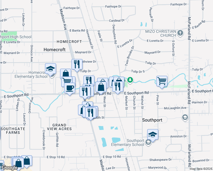 map of restaurants, bars, coffee shops, grocery stores, and more near 1-99 S 2nd St in Southport
