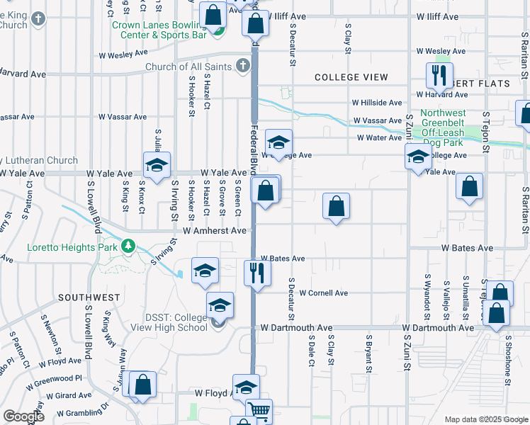 map of restaurants, bars, coffee shops, grocery stores, and more near 2788 South Federal Boulevard in Denver
