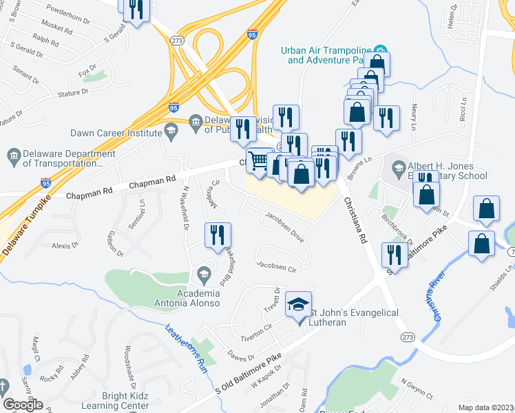 map of restaurants, bars, coffee shops, grocery stores, and more near 417 Jacobsen Drive in Newark