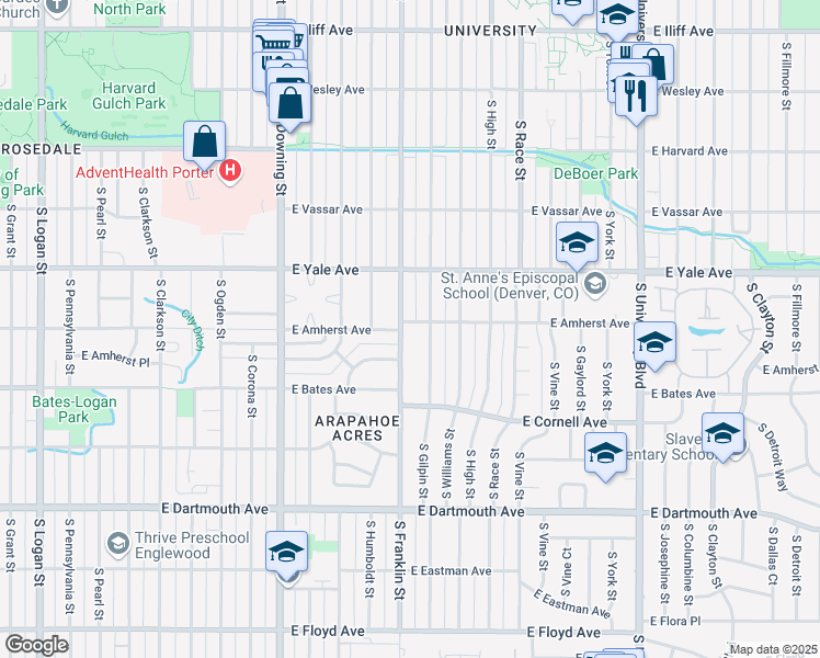 map of restaurants, bars, coffee shops, grocery stores, and more near 2800 South Franklin Street in Denver
