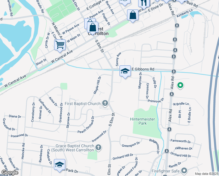 map of restaurants, bars, coffee shops, grocery stores, and more near 2 Elmview Circle in Dayton