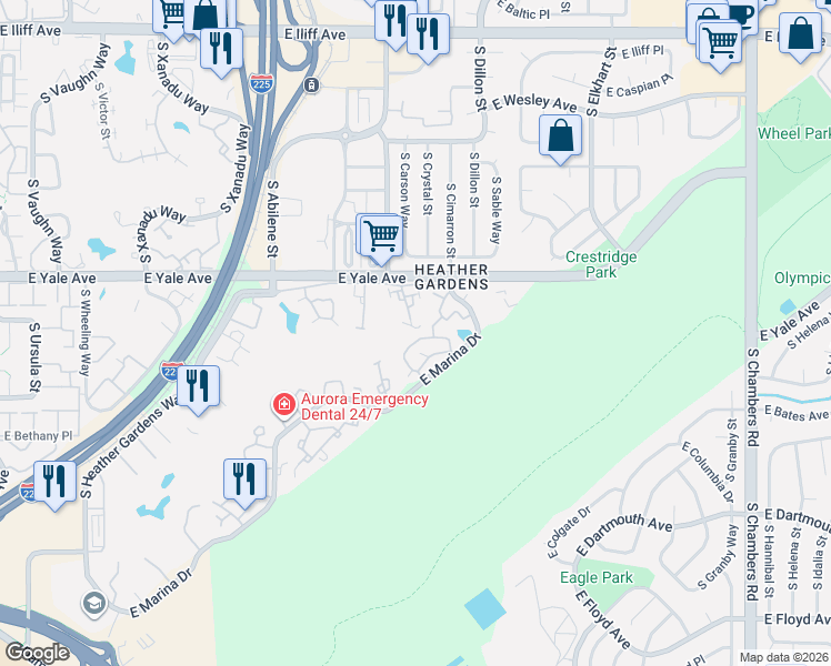 map of restaurants, bars, coffee shops, grocery stores, and more near 14239 East Marina Drive in Aurora