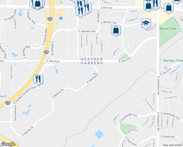map of restaurants, bars, coffee shops, grocery stores, and more near 14257 East Marina Drive in Aurora