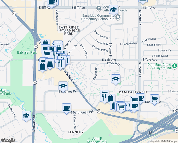 map of restaurants, bars, coffee shops, grocery stores, and more near 2792 South Macon Circle in Aurora