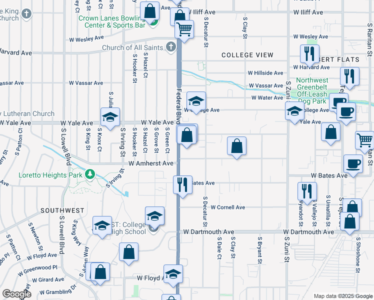 map of restaurants, bars, coffee shops, grocery stores, and more near 2788 South Federal Boulevard in Denver
