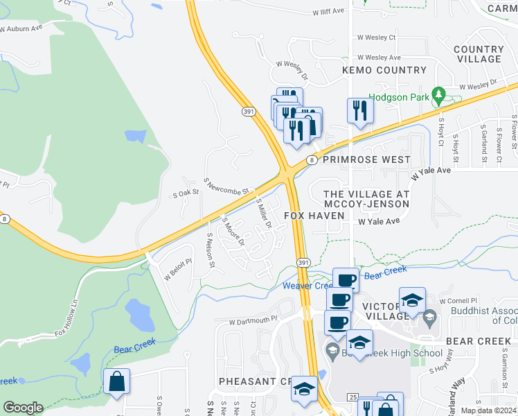 map of restaurants, bars, coffee shops, grocery stores, and more near 2602 South Miller Drive in Lakewood