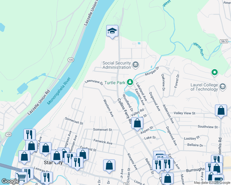 map of restaurants, bars, coffee shops, grocery stores, and more near 484 Lawnview Drive in Morgantown