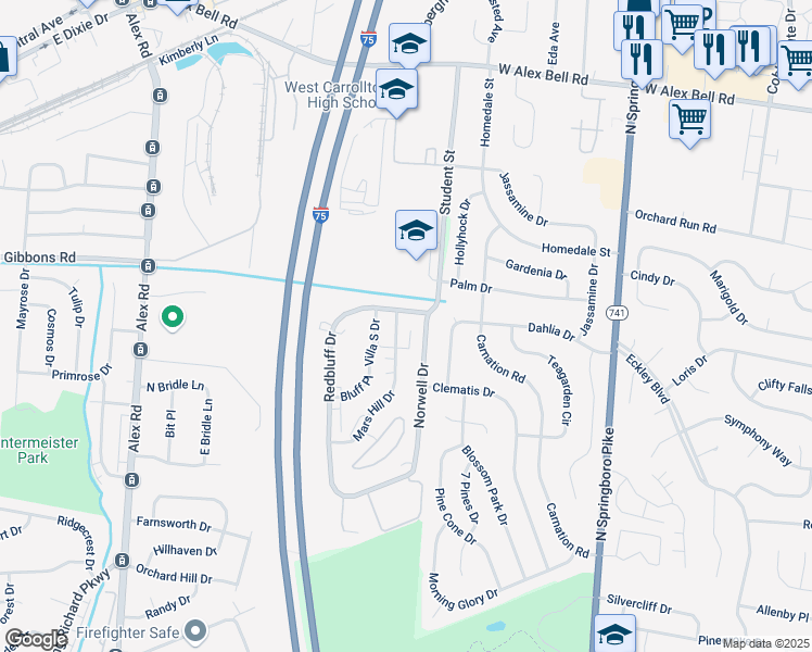 map of restaurants, bars, coffee shops, grocery stores, and more near 1612 Mars Hill Drive in Dayton
