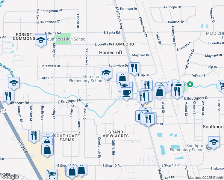 map of restaurants, bars, coffee shops, grocery stores, and more near 1551 Southview Drive in Indianapolis