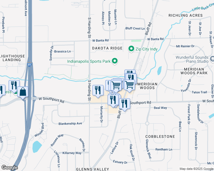 map of restaurants, bars, coffee shops, grocery stores, and more near 1404 Murphys Landing Drive in Indianapolis