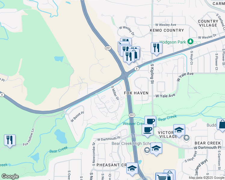map of restaurants, bars, coffee shops, grocery stores, and more near 2605 South Miller Drive in Lakewood