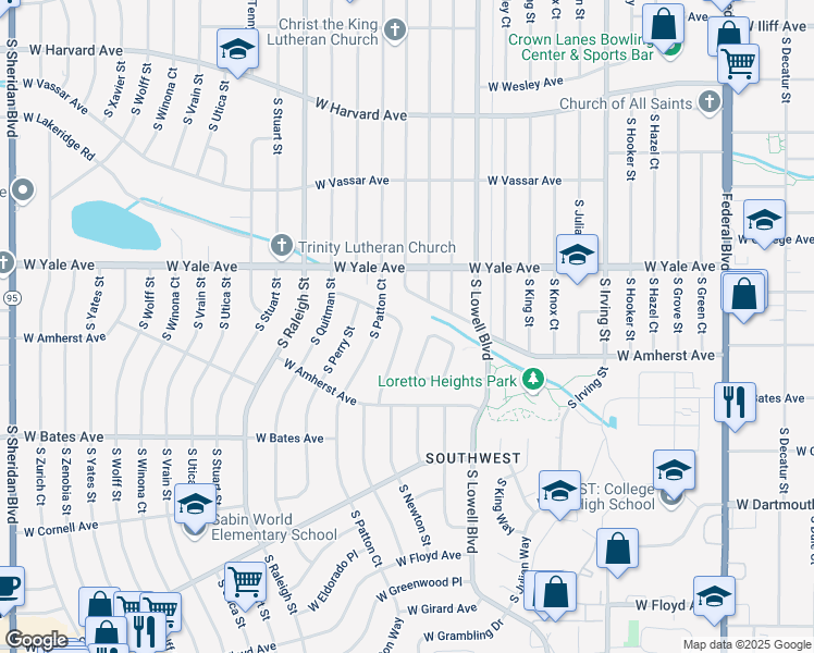 map of restaurants, bars, coffee shops, grocery stores, and more near 2750 South Newton Way in Denver