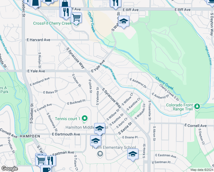 map of restaurants, bars, coffee shops, grocery stores, and more near 28 Arapahoe Club in Denver