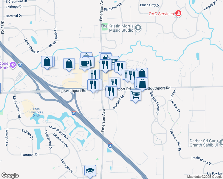 map of restaurants, bars, coffee shops, grocery stores, and more near 5140 East Southport Road in Indianapolis