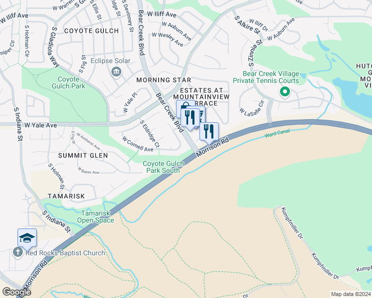 map of restaurants, bars, coffee shops, grocery stores, and more near 2975 South Devinney Court in Lakewood
