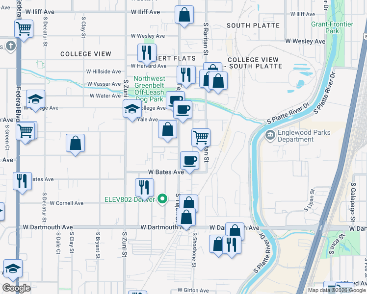 map of restaurants, bars, coffee shops, grocery stores, and more near 2778 South Tejon Street in Englewood