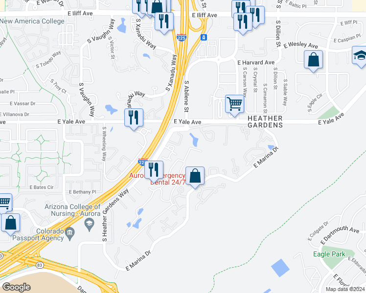 map of restaurants, bars, coffee shops, grocery stores, and more near 2736 South Heather Gardens Way in Aurora