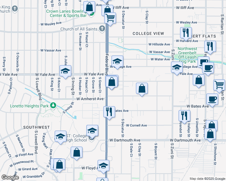 map of restaurants, bars, coffee shops, grocery stores, and more near 2788 South Federal Boulevard in Denver