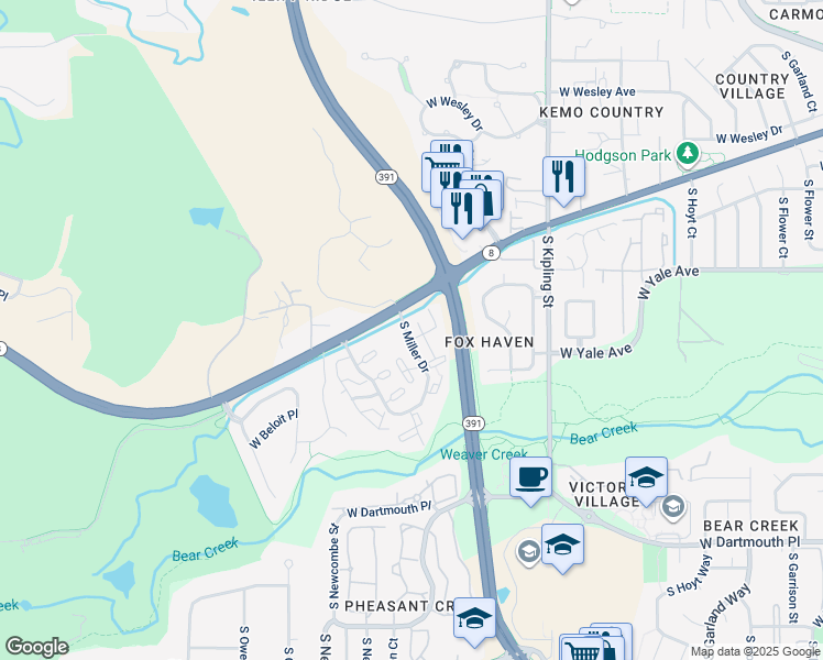 map of restaurants, bars, coffee shops, grocery stores, and more near 2602 South Miller Drive in Lakewood