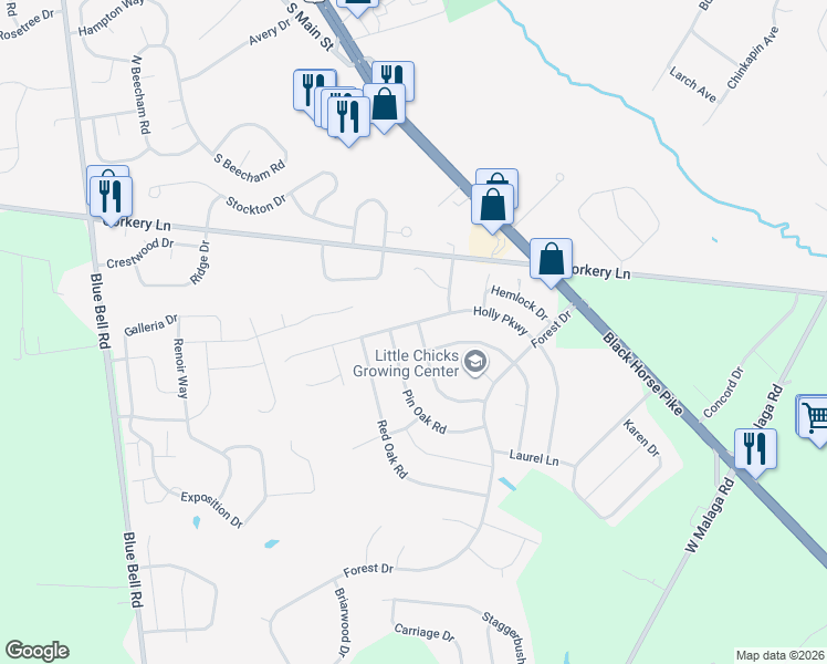 map of restaurants, bars, coffee shops, grocery stores, and more near 1601 White Oak Road in Monroe Township