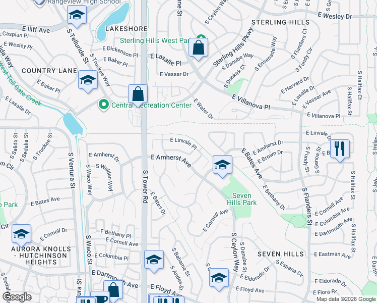 map of restaurants, bars, coffee shops, grocery stores, and more near 18789 East Linvale Circle in Aurora