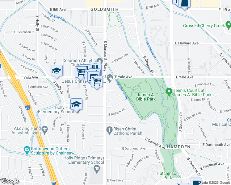 map of restaurants, bars, coffee shops, grocery stores, and more near 6700 East Amherst Avenue in Denver