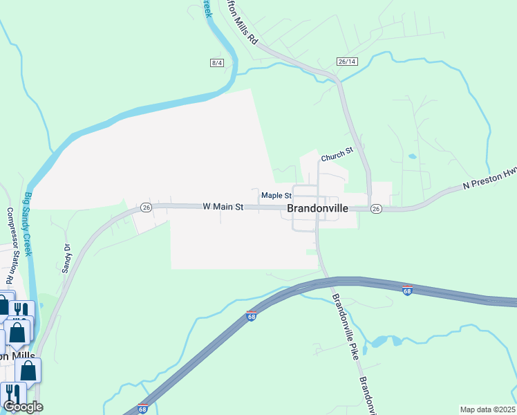 map of restaurants, bars, coffee shops, grocery stores, and more near Main Street in Brandonville