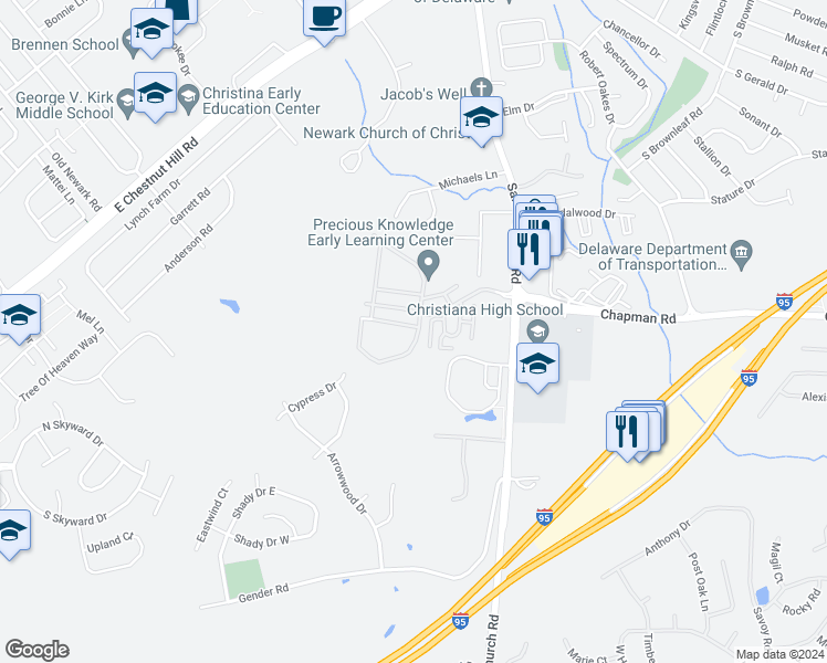 map of restaurants, bars, coffee shops, grocery stores, and more near 1107 Chelmsford Circle in Newark