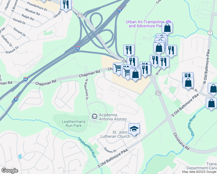 map of restaurants, bars, coffee shops, grocery stores, and more near 318 Wilkinson Drive in Newark