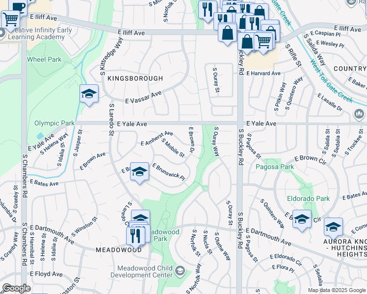 map of restaurants, bars, coffee shops, grocery stores, and more near 16538 East Amherst Avenue in Aurora