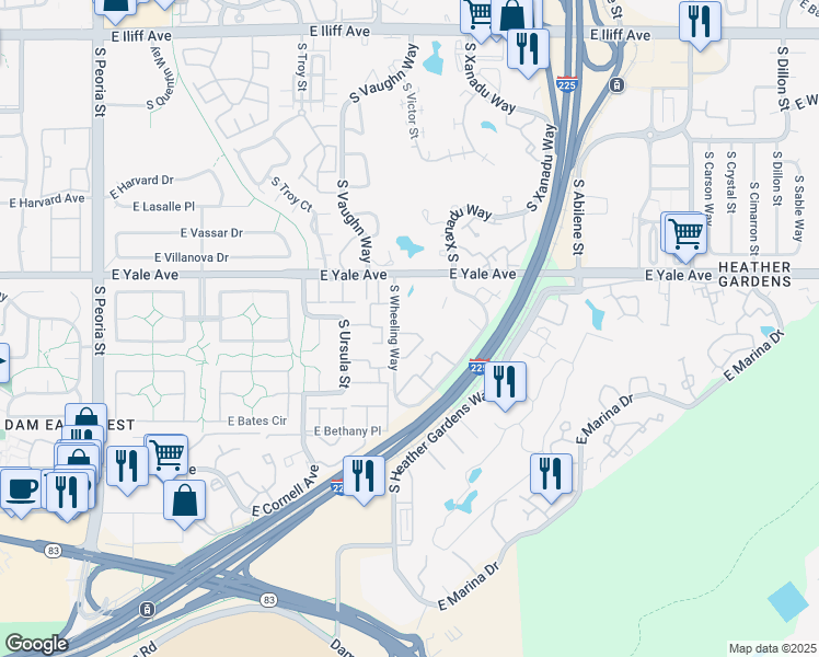 map of restaurants, bars, coffee shops, grocery stores, and more near 2806 South Wheeling Way in Aurora