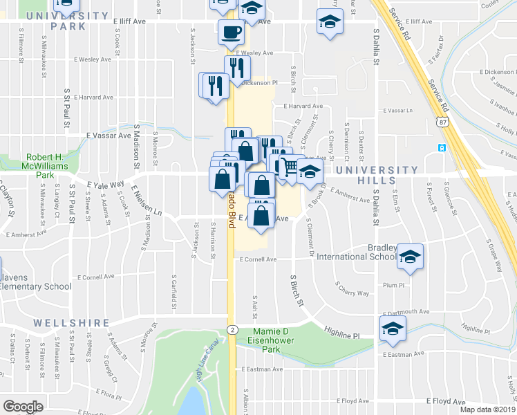 map of restaurants, bars, coffee shops, grocery stores, and more near 2780 South Colorado Boulevard in Denver