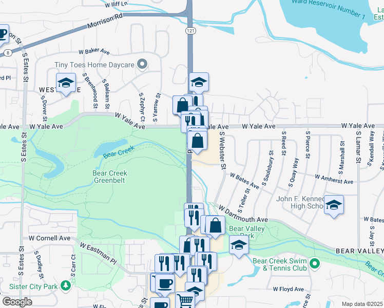 map of restaurants, bars, coffee shops, grocery stores, and more near 2780 South Wadsworth Boulevard in Denver