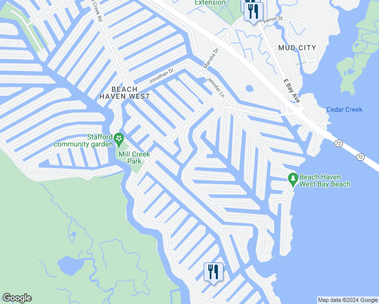 map of restaurants, bars, coffee shops, grocery stores, and more near 48 Marguerite Lane in Stafford Township