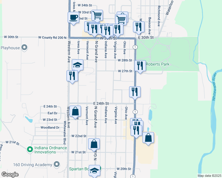 map of restaurants, bars, coffee shops, grocery stores, and more near 2501 Virginia Avenue in Connersville