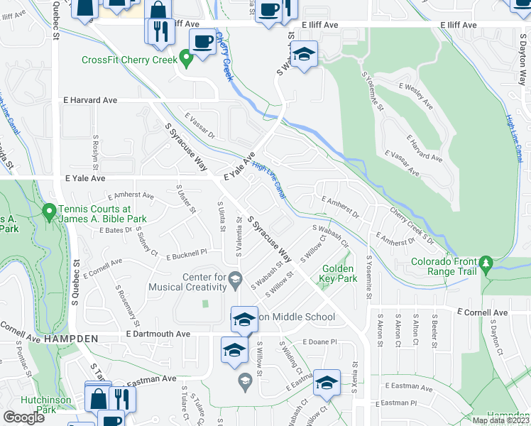 map of restaurants, bars, coffee shops, grocery stores, and more near 27 Arapahoe Club in Denver