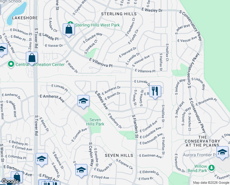map of restaurants, bars, coffee shops, grocery stores, and more near 19429 East Brown Drive in Aurora