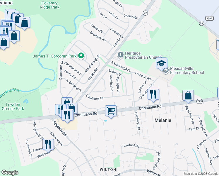 map of restaurants, bars, coffee shops, grocery stores, and more near 12 Chiming Road in New Castle
