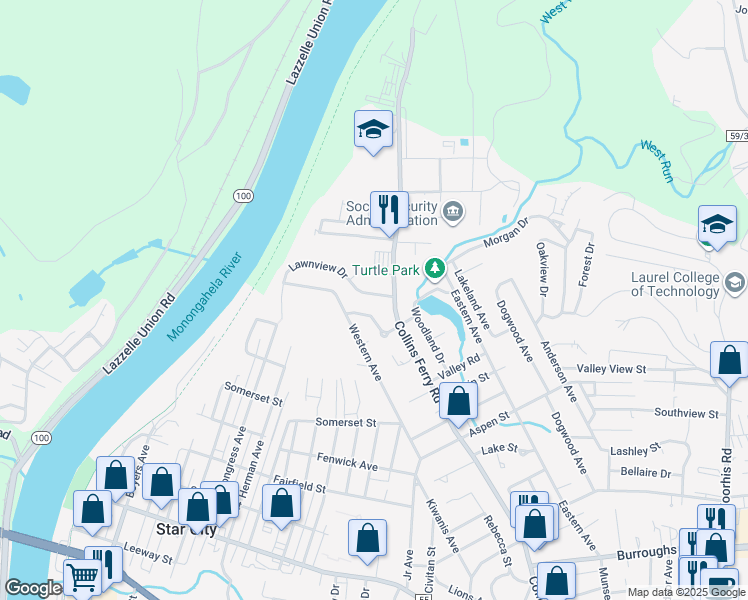 map of restaurants, bars, coffee shops, grocery stores, and more near 484 Lawnview Drive in Morgantown