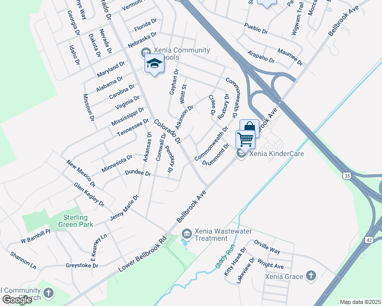 map of restaurants, bars, coffee shops, grocery stores, and more near 1369 Colorado Drive in Xenia
