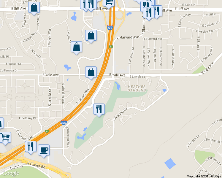 map of restaurants, bars, coffee shops, grocery stores, and more near 2734 South Heather Gardens Way in Aurora