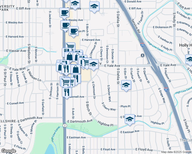 map of restaurants, bars, coffee shops, grocery stores, and more near 2801 S Cherry Way in Denver