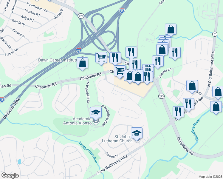 map of restaurants, bars, coffee shops, grocery stores, and more near 312 Wilkinson Drive in Newark