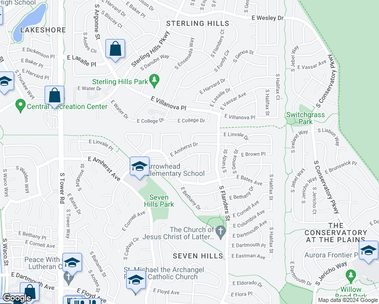 map of restaurants, bars, coffee shops, grocery stores, and more near 19409 East Brown Drive in Aurora